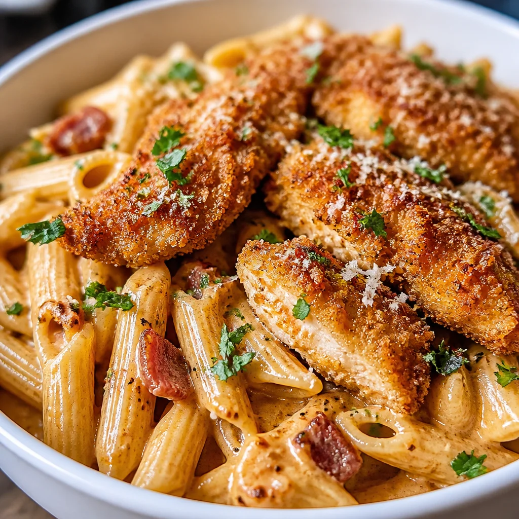 Garlic Butter Cajun Chicken served over Cheddar Parmesan Penne pasta in a creamy sauce.