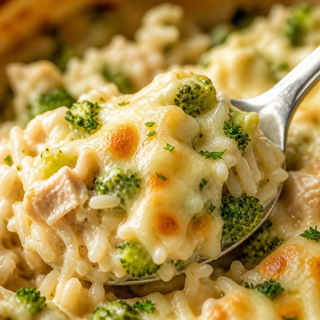 Creamy and cheesy Broccoli Chicken and Rice Casserole dish, perfect for easy weeknight dinners.