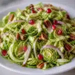 Crisp shaved Brussels sprouts salad with lemon dressing, apples, and cheese.