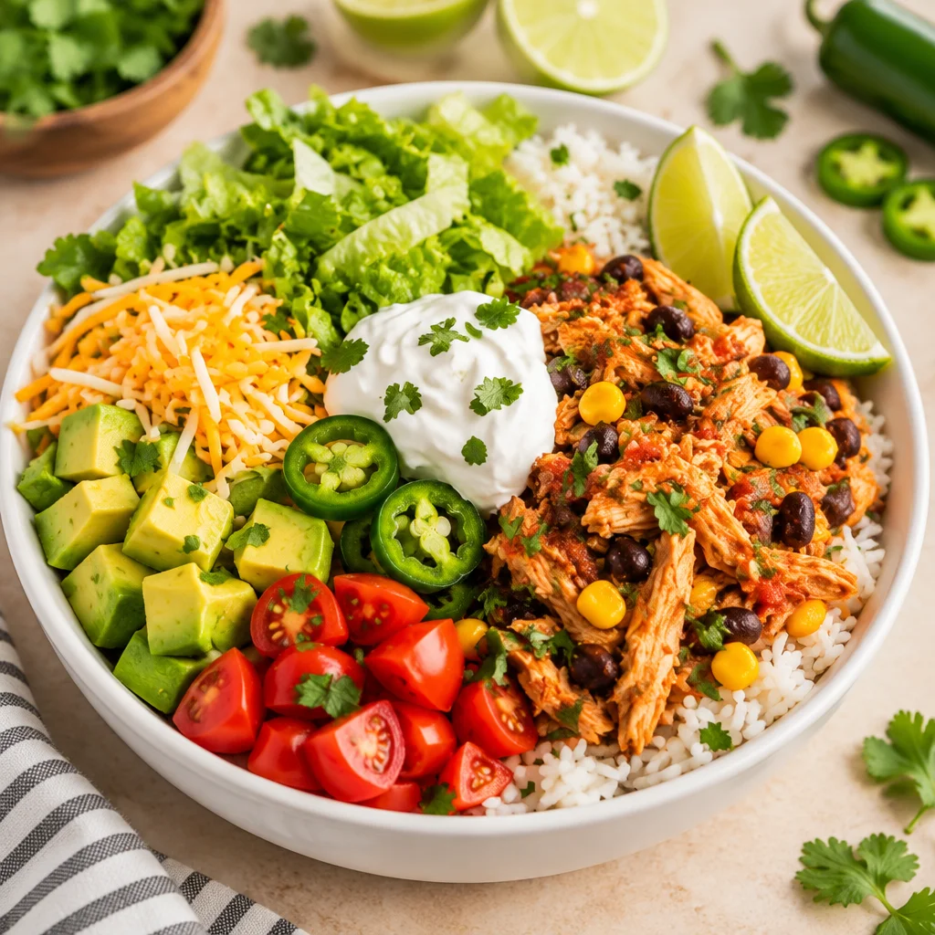 Delicious slow cooker chicken burrito bowl with chicken, black beans, corn, and toppings.