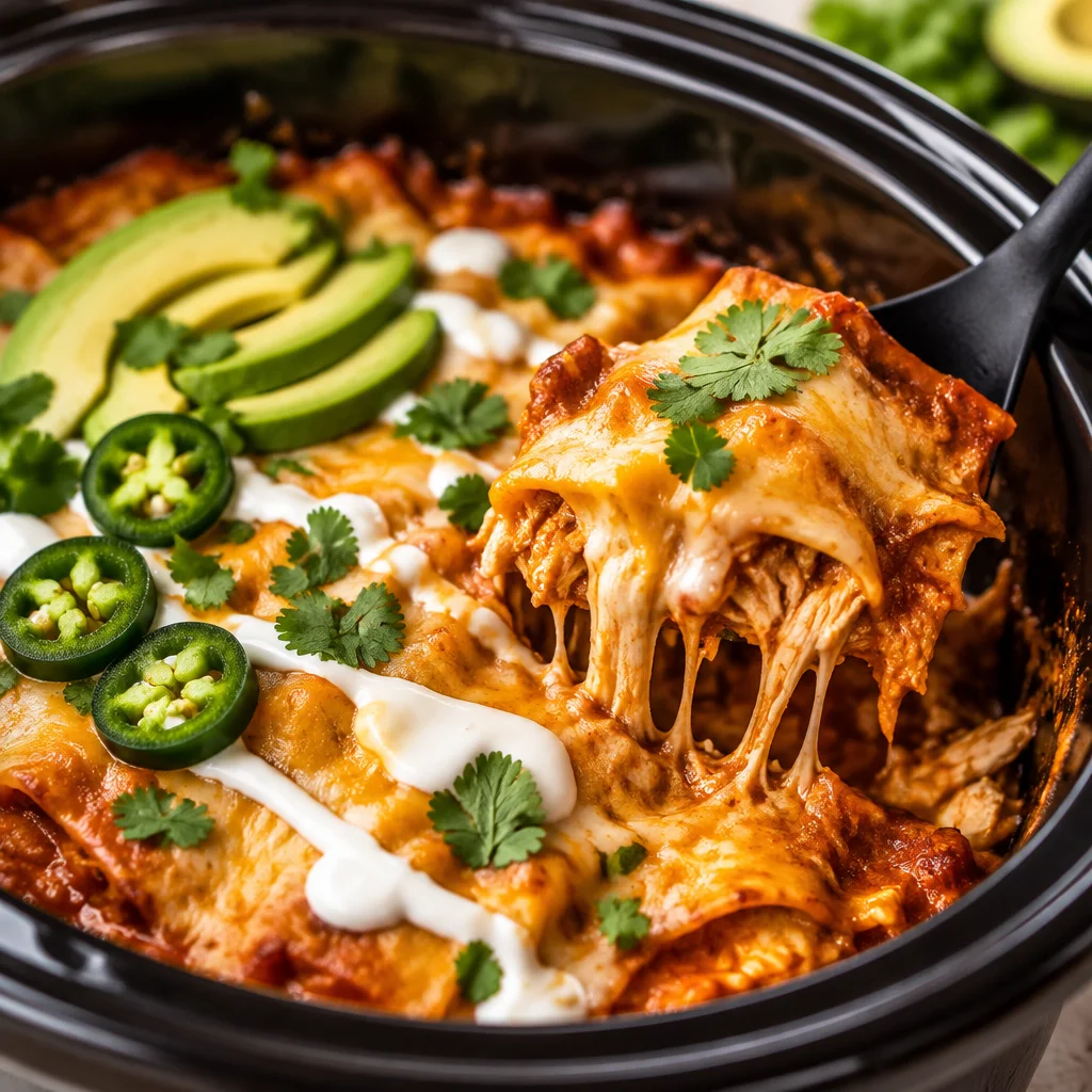 Delicious slow cooker chicken enchilada casserole with cheese and tortillas