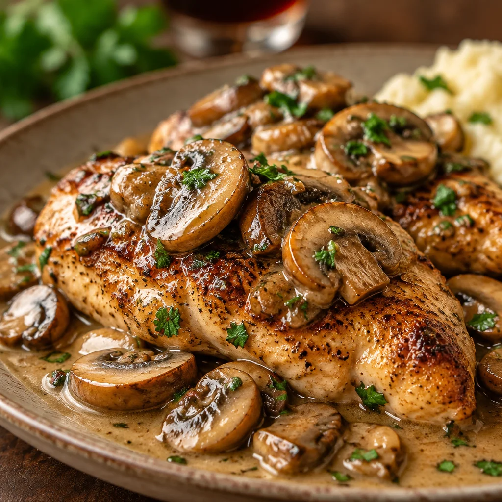 Delicious Slow Cooker Chicken Marsala with mushrooms and savory sauce.