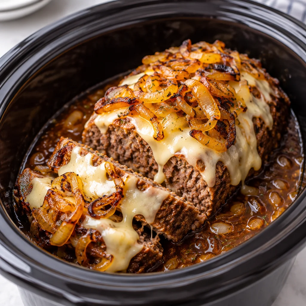 Delicious slow cooker French onion meatloaf topped with caramelized onions and Swiss cheese.