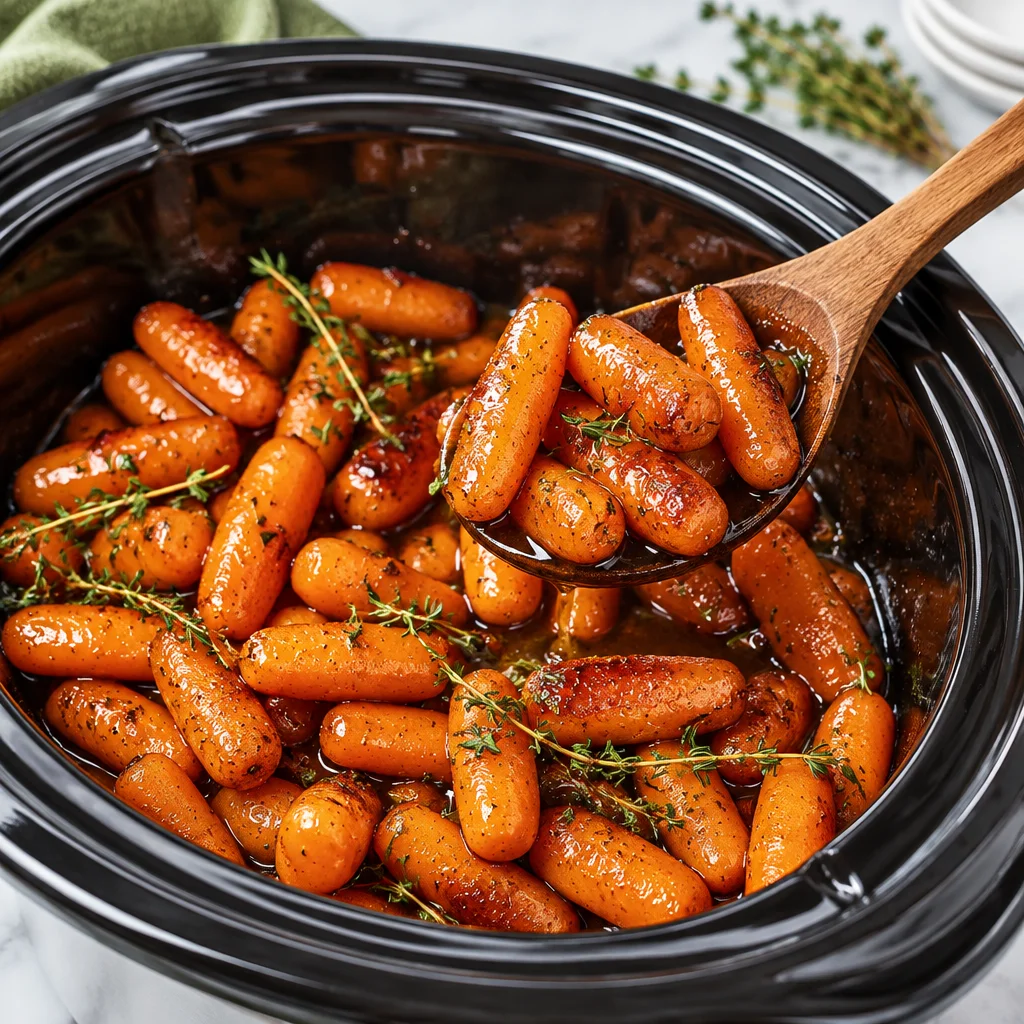 Bowl of slow cooker maple glazed carrots topped with a rich glaze of maple syrup and brown sugar.
