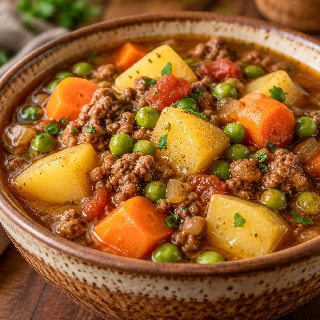 Bowl of Slow Cooker Poor Man's Stew with ground beef, potatoes, and carrots.