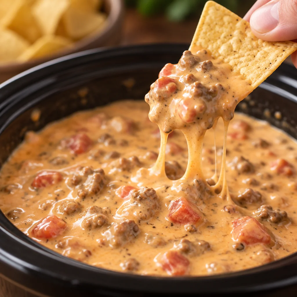 Creamy slow cooker queso dip served with tortilla chips.