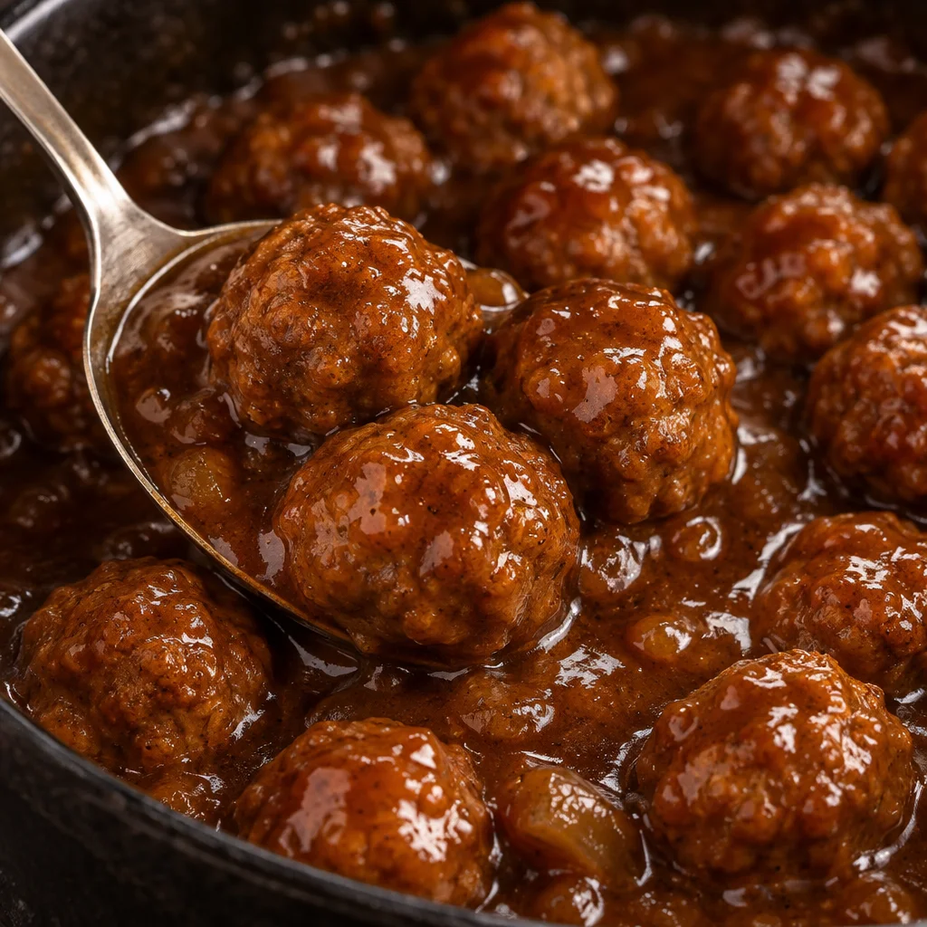 Slow Cooker Salisbury Steak Meatballs in rich brown gravy served on a plate.