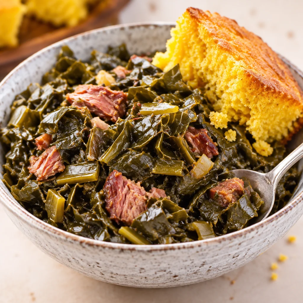 Delicious soul food collard greens simmered with smoked meat and spices.