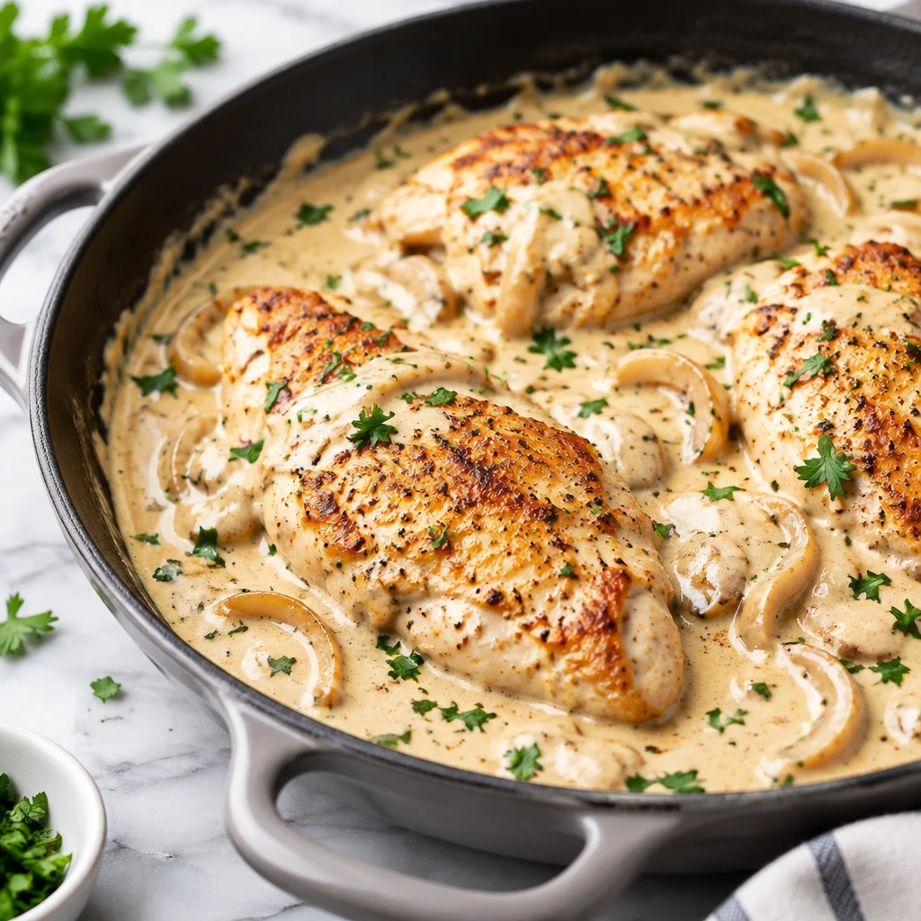 Crispy sour cream and onion chicken dish served on a plate with herbs.