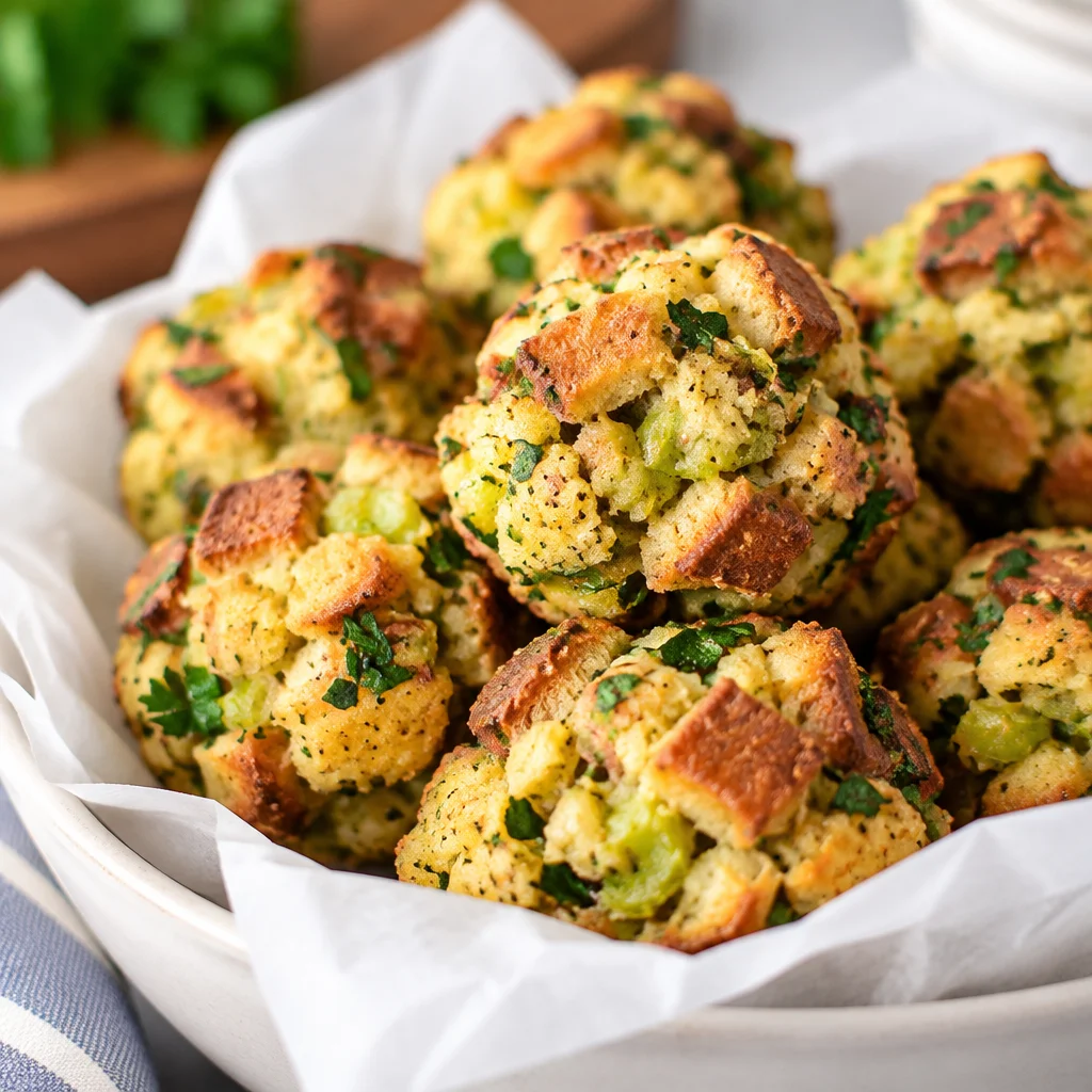 Delicious homemade stuffing balls made with herbs and bread, perfect for holiday meals.