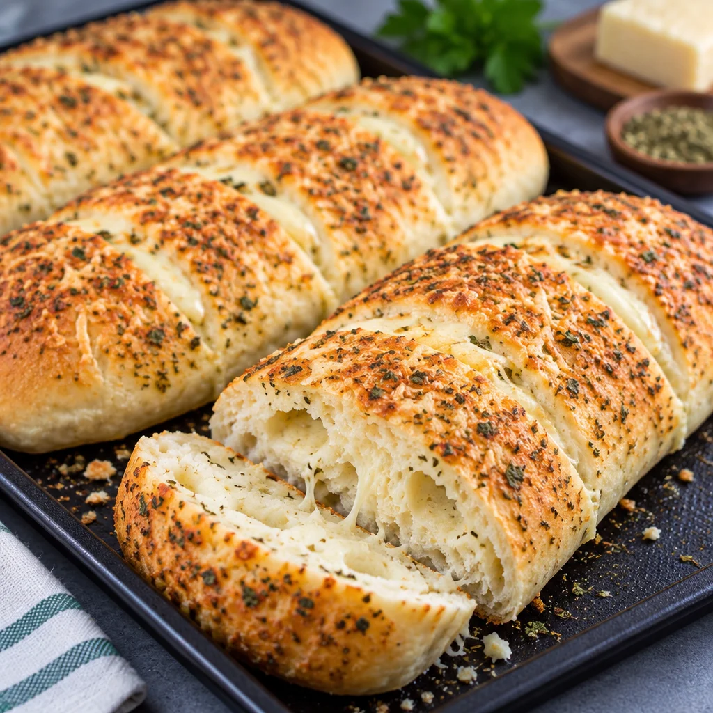Homemade Subway Italian Herb and Cheese Bread fresh from the oven, golden crusted and fluffy.