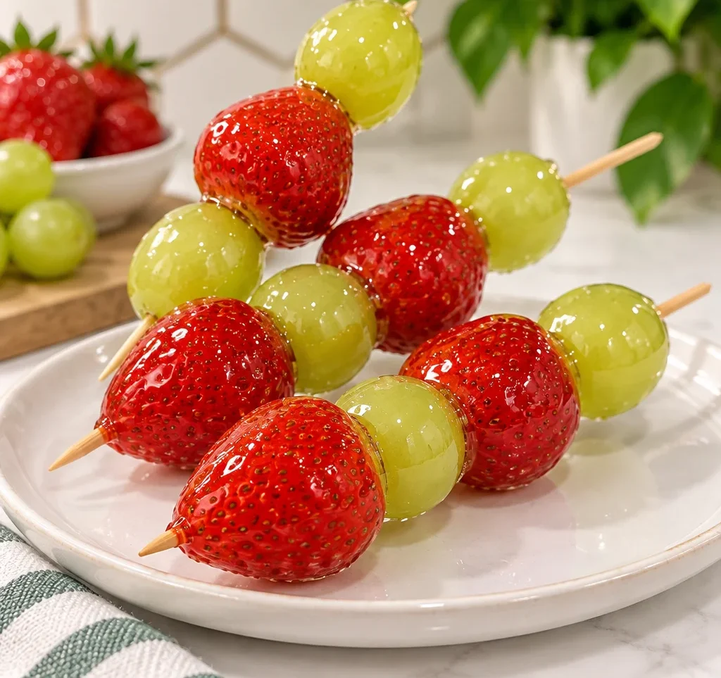Tanghulu recipe with sugar-coated fruit skewers for a crunchy, sweet treat.