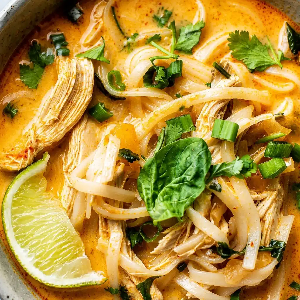 A bowl of Thai Chicken Curry Soup with coconut milk, red curry paste, and colorful fresh vegetables.