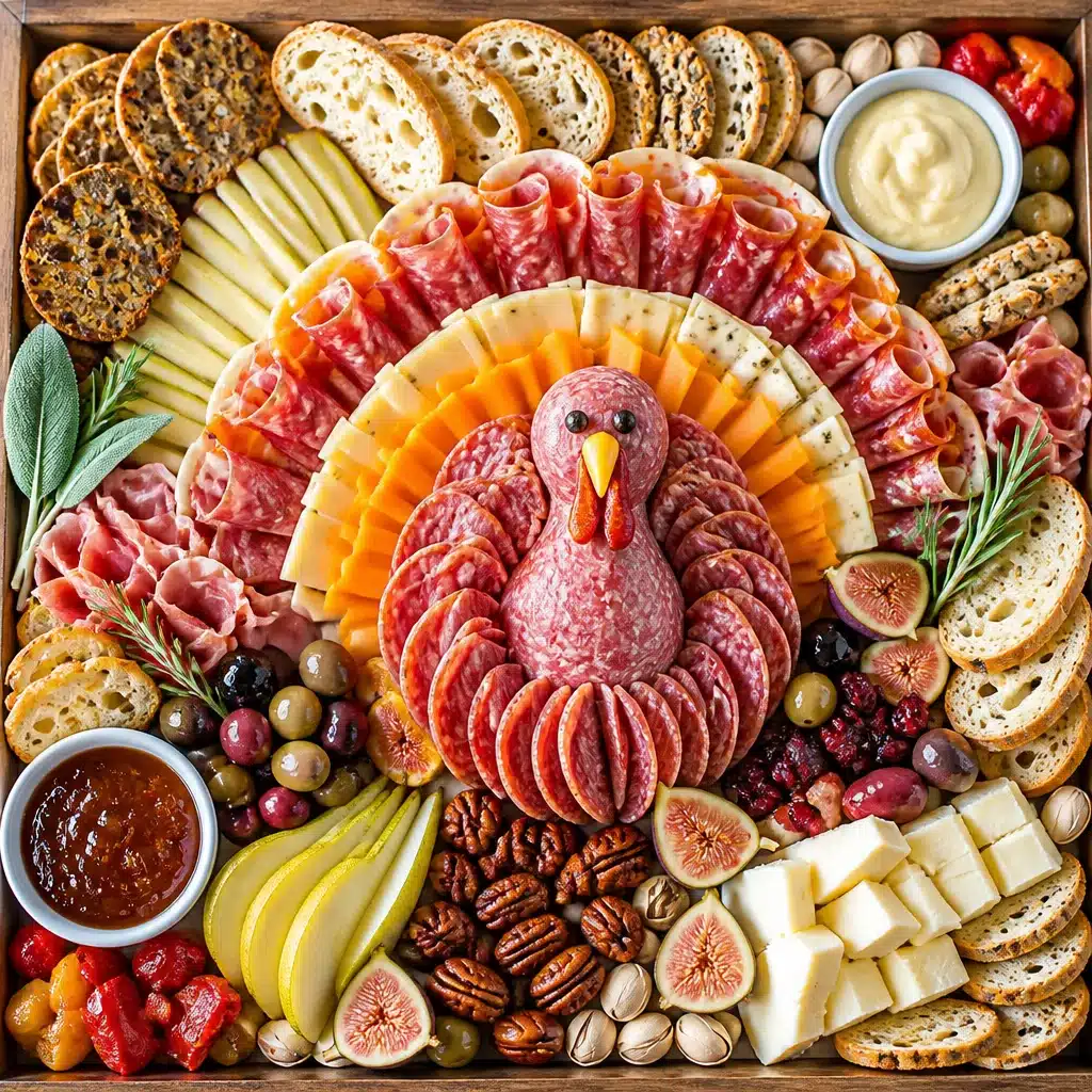 Beautiful Thanksgiving charcuterie board with cheeses, cured meats, and seasonal fruits.