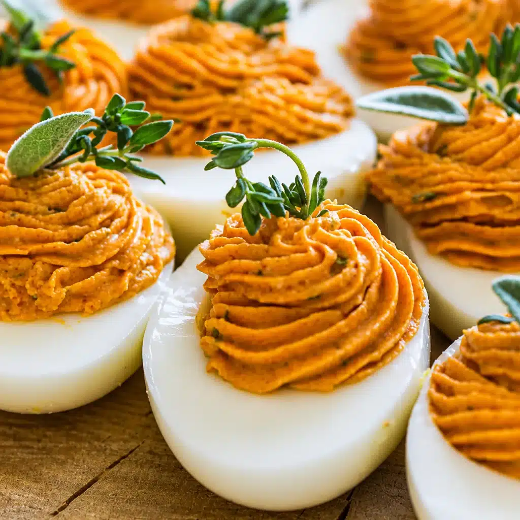 Delicious Thanksgiving deviled eggs garnished with herbs, perfect for holiday gatherings.
