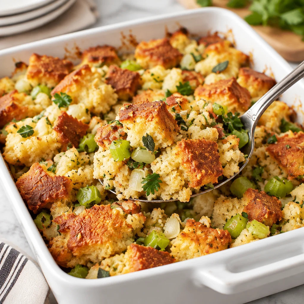 Delicious Thanksgiving stuffing with herbs and crispy edges, perfect for your holiday meal.