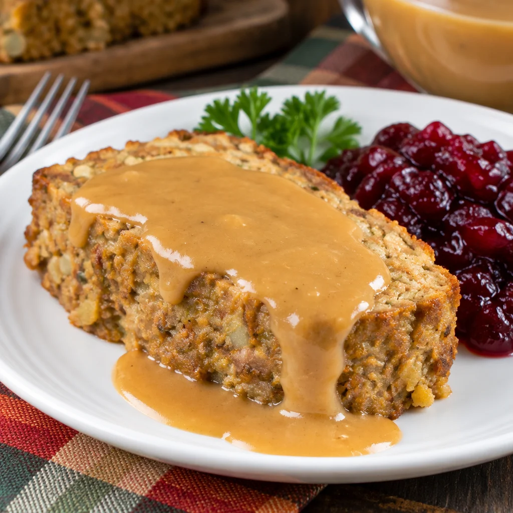 Delicious Turkey Stuffing Meatloaf garnished with cranberry sauce on a serving platter.
