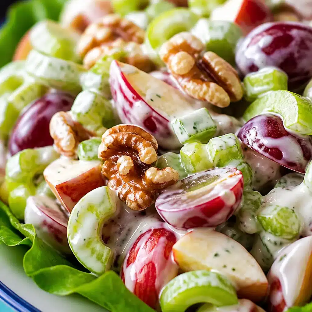 A vibrant Waldorf salad featuring apples, walnuts, grapes, and celery in creamy dressing.