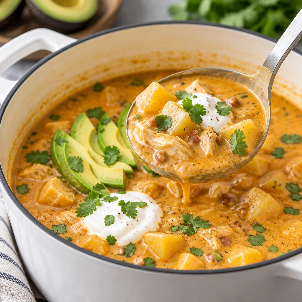 Delicious white cheddar apple chicken chili topped with cheese and cilantro.