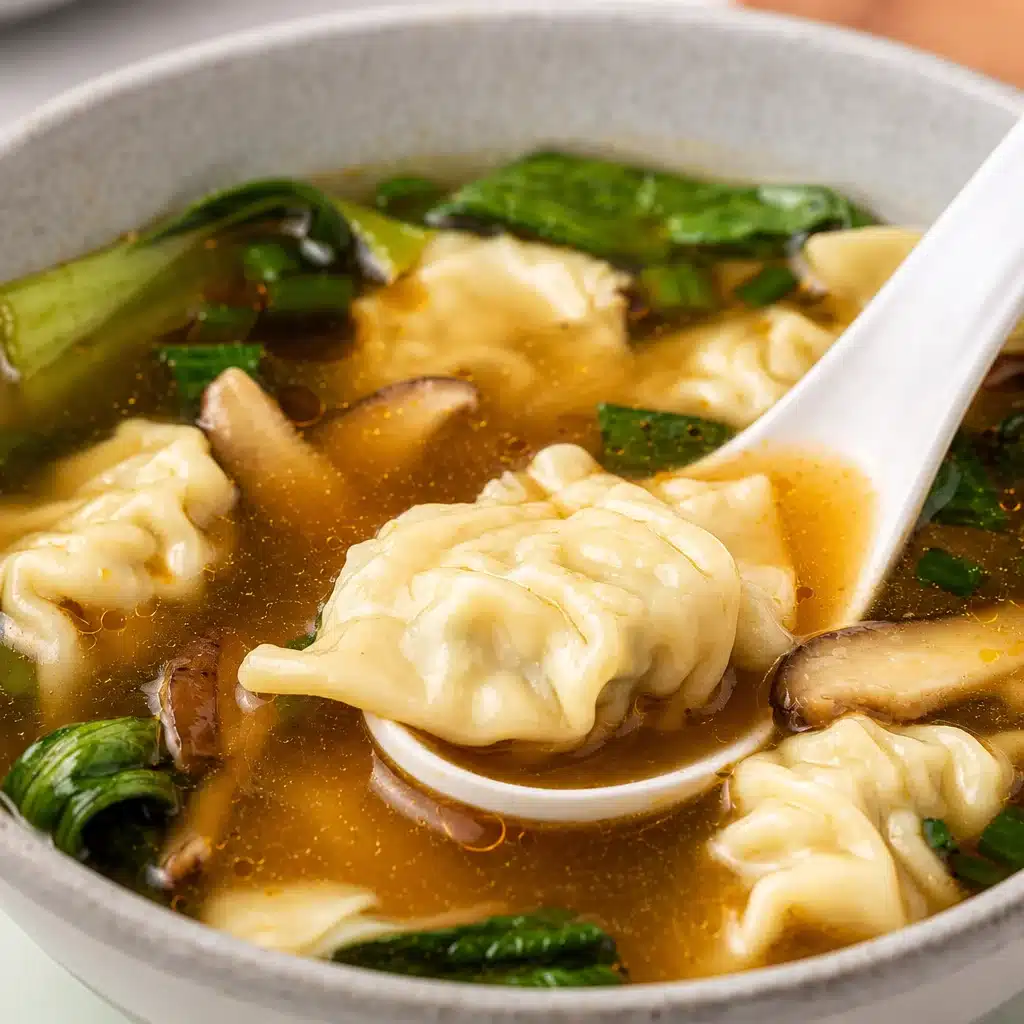 Bowl of quick and easy wonton soup with veggies and pork dumplings