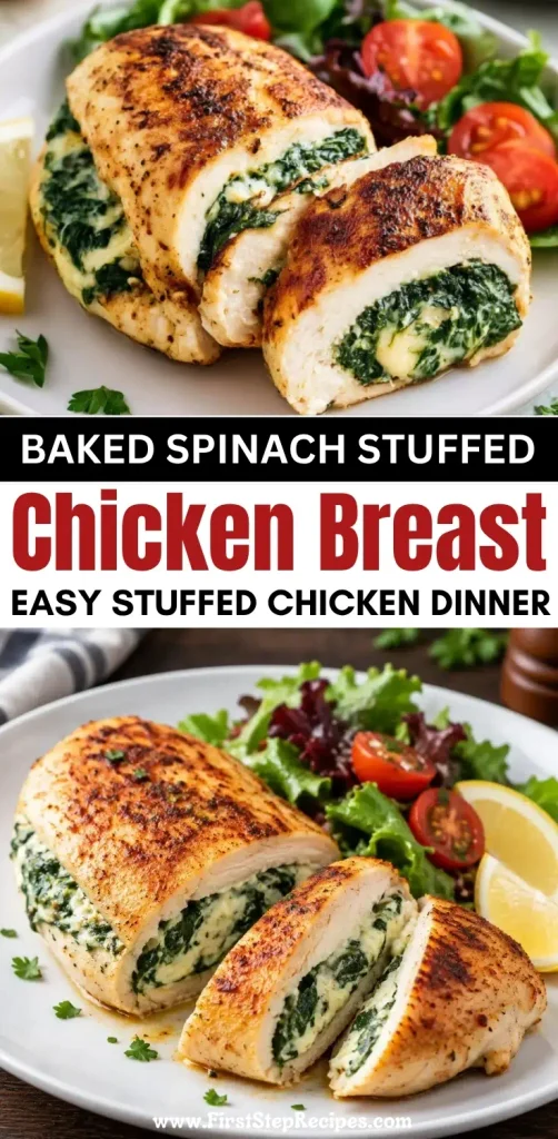Golden baked chicken breast stuffed with creamy spinach and cheese, sliced open to show the filling and served with fresh salad and lemon wedges.