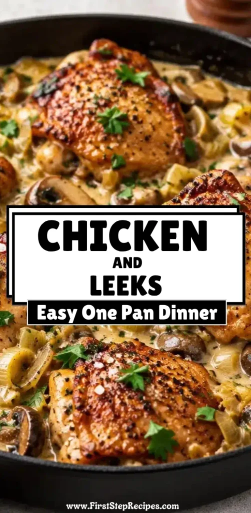 Golden-brown chicken thighs simmered in a creamy leek and mushroom sauce, garnished with fresh parsley in a skillet for an easy one-pan dinner.