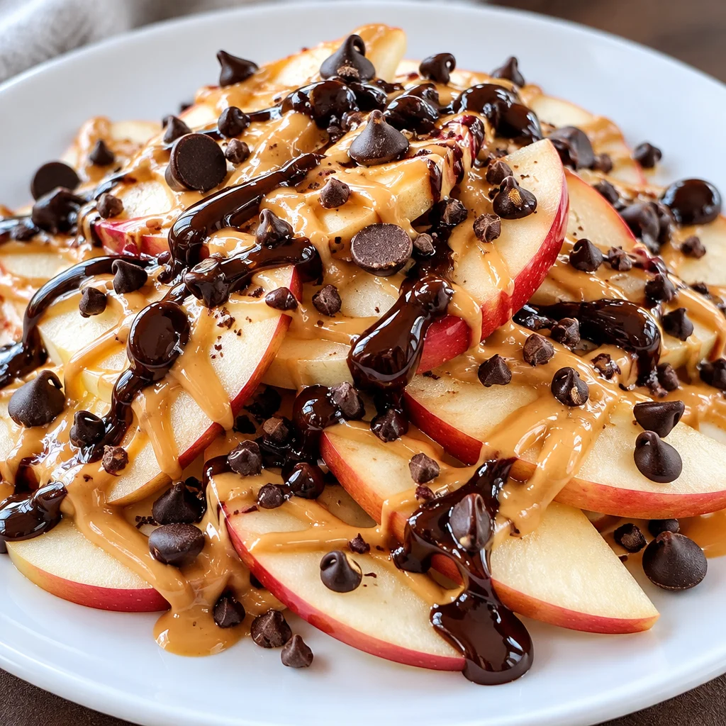 Delicious apple nachos topped with peanut butter and chocolate chips for a healthy snack.