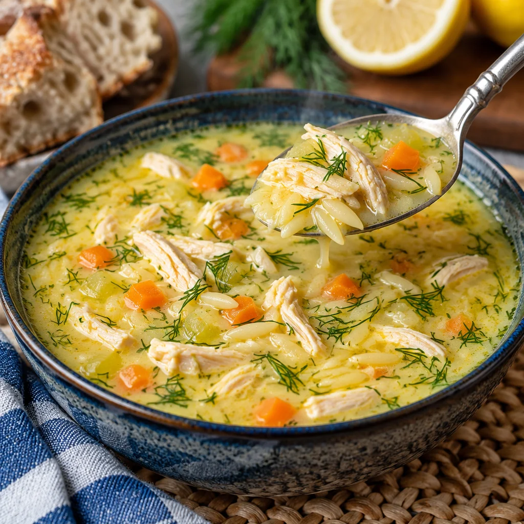Bowl of creamy avgolemono soup topped with lemon slices and herbs.