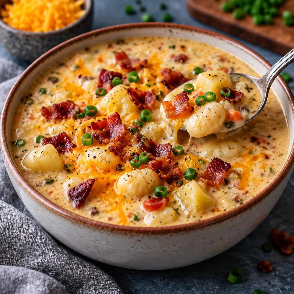 Creamy Bacon Cheddar Gnocchi Soup with crispy bacon and cheddar cheese.