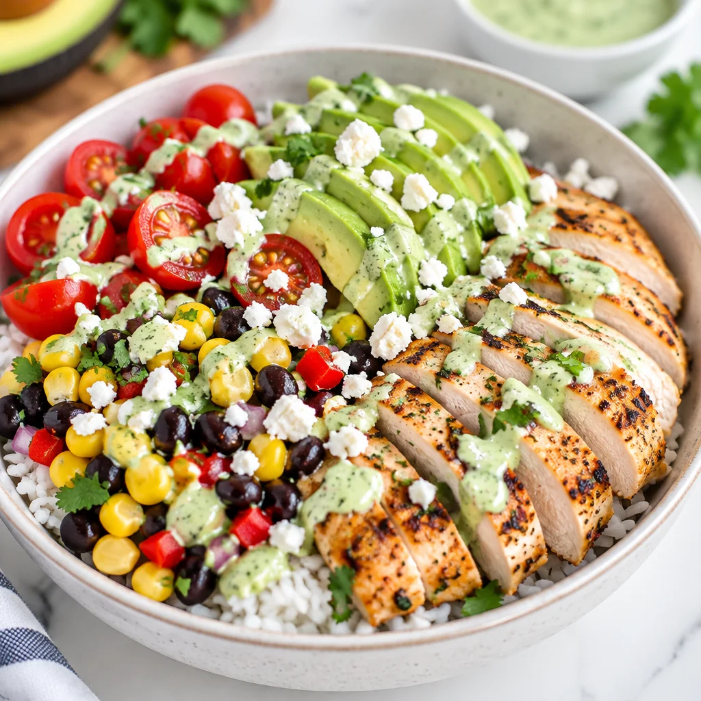 Baja chicken bowl featuring grilled chicken, quinoa, veggies, and salsa.