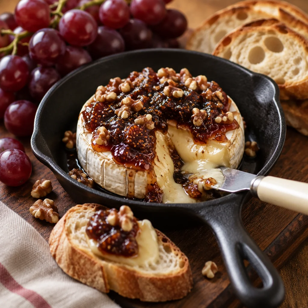 Delicious baked brie with fig jam, topped with nuts and served warm.