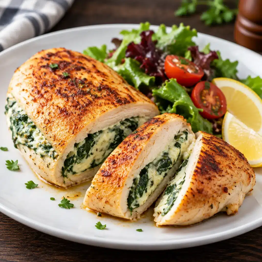 Delicious spinach stuffed chicken breast served with a side of vegetables.