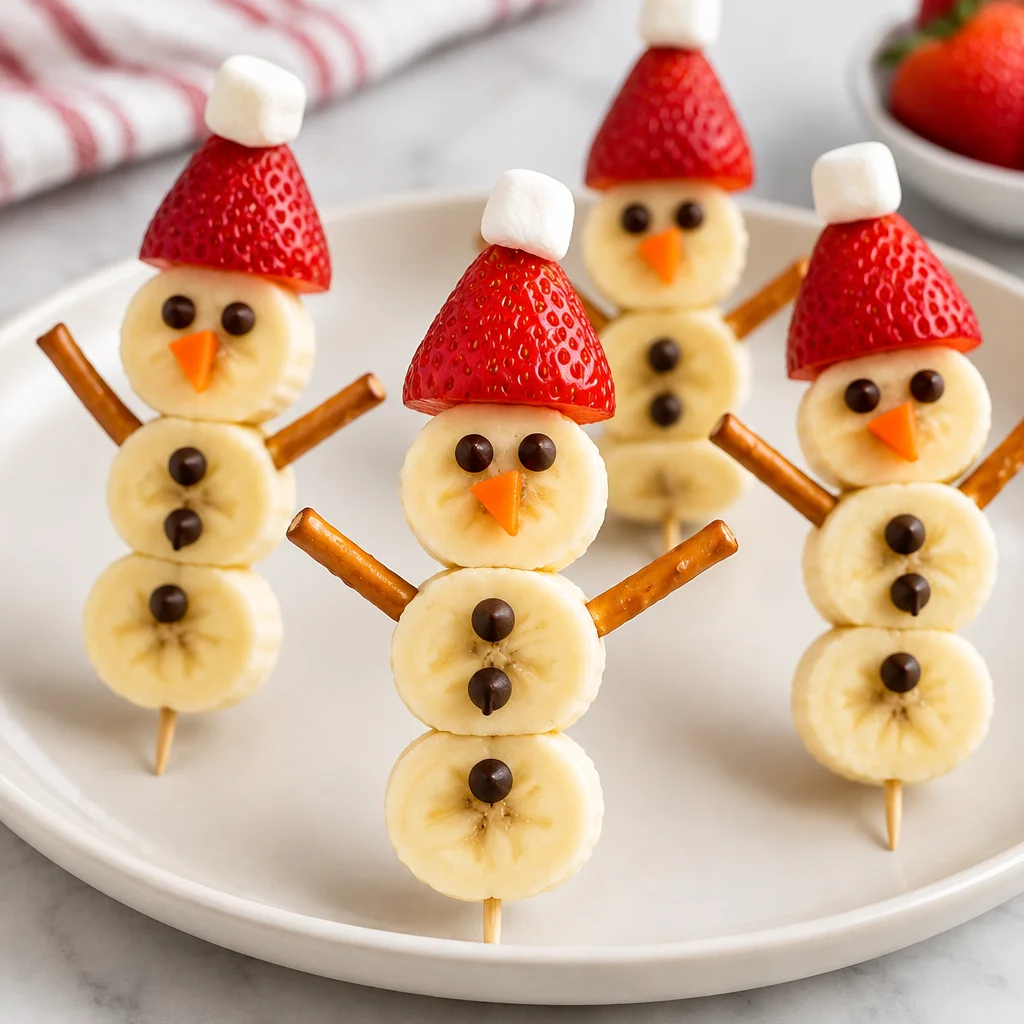Healthy Banana Snowmen snack made with bananas, pretzels, and fruit for decoration.
