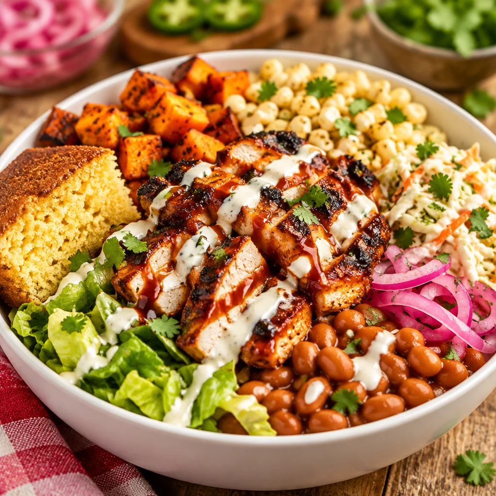 Delicious BBQ chicken bowls with rice, black beans, sweet potatoes, and ranch dressing.