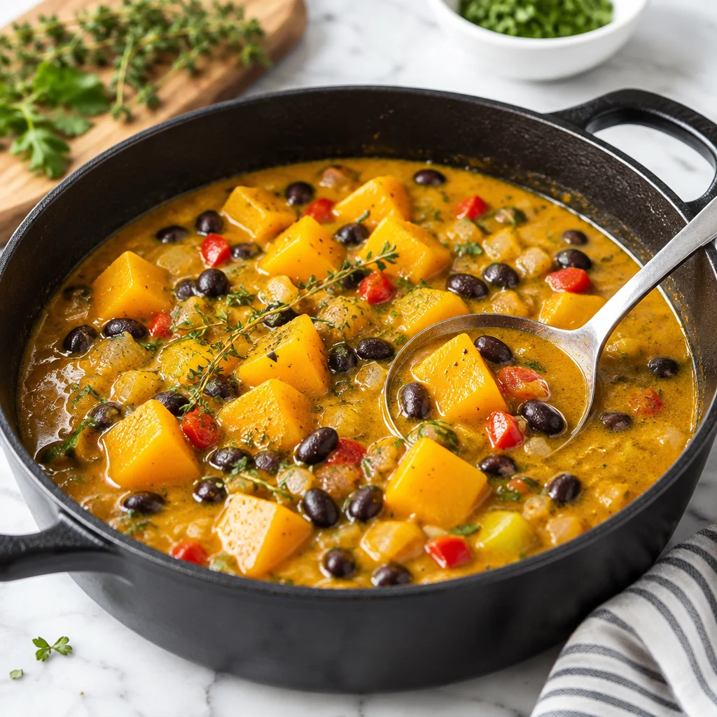 Delicious black bean butternut squash stew served in a bowl with fresh herbs on top.
