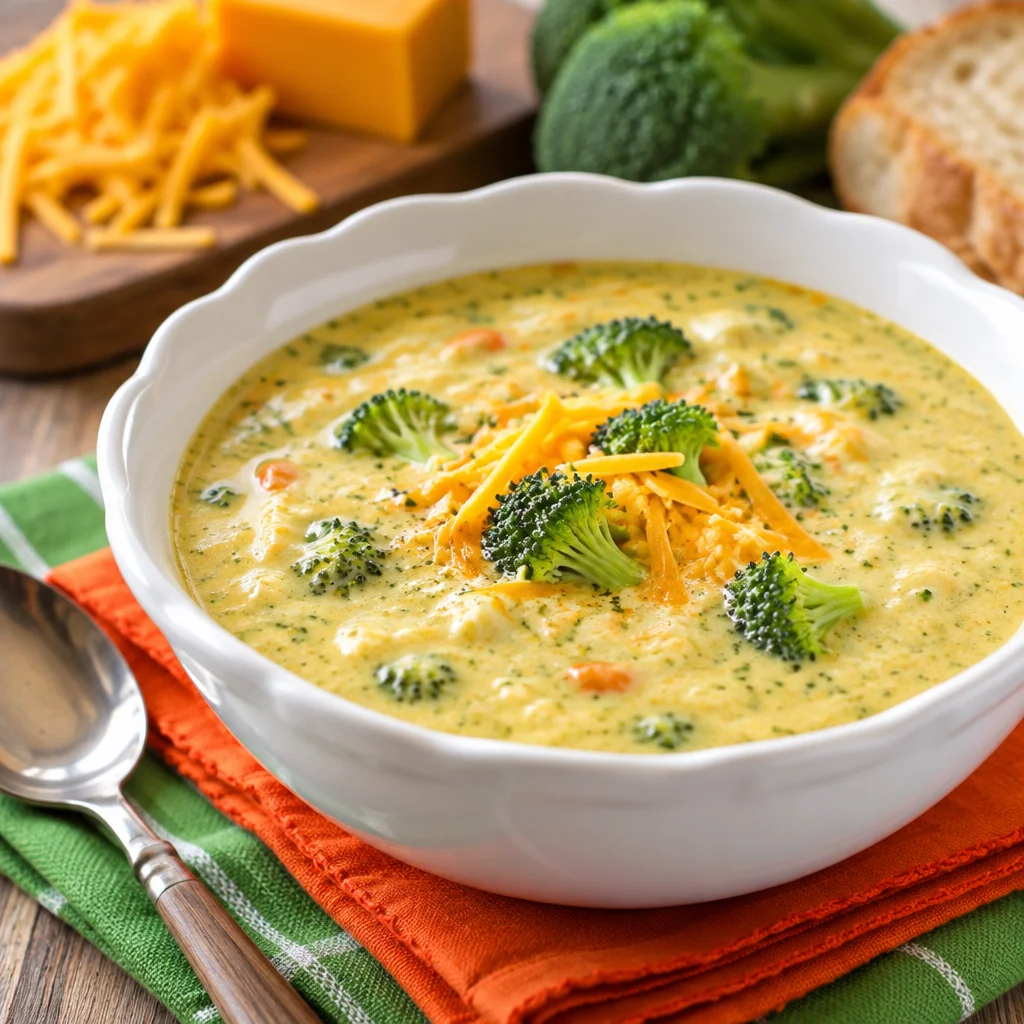 Creamy broccoli cheddar soup in a bowl, garnished with cheddar and fresh broccoli.
