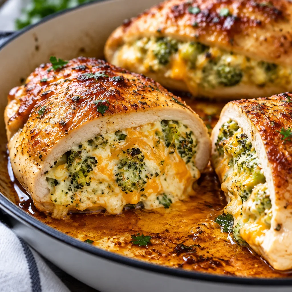 Delicious broccoli cheese stuffed chicken breast baked to perfection with creamy filling.