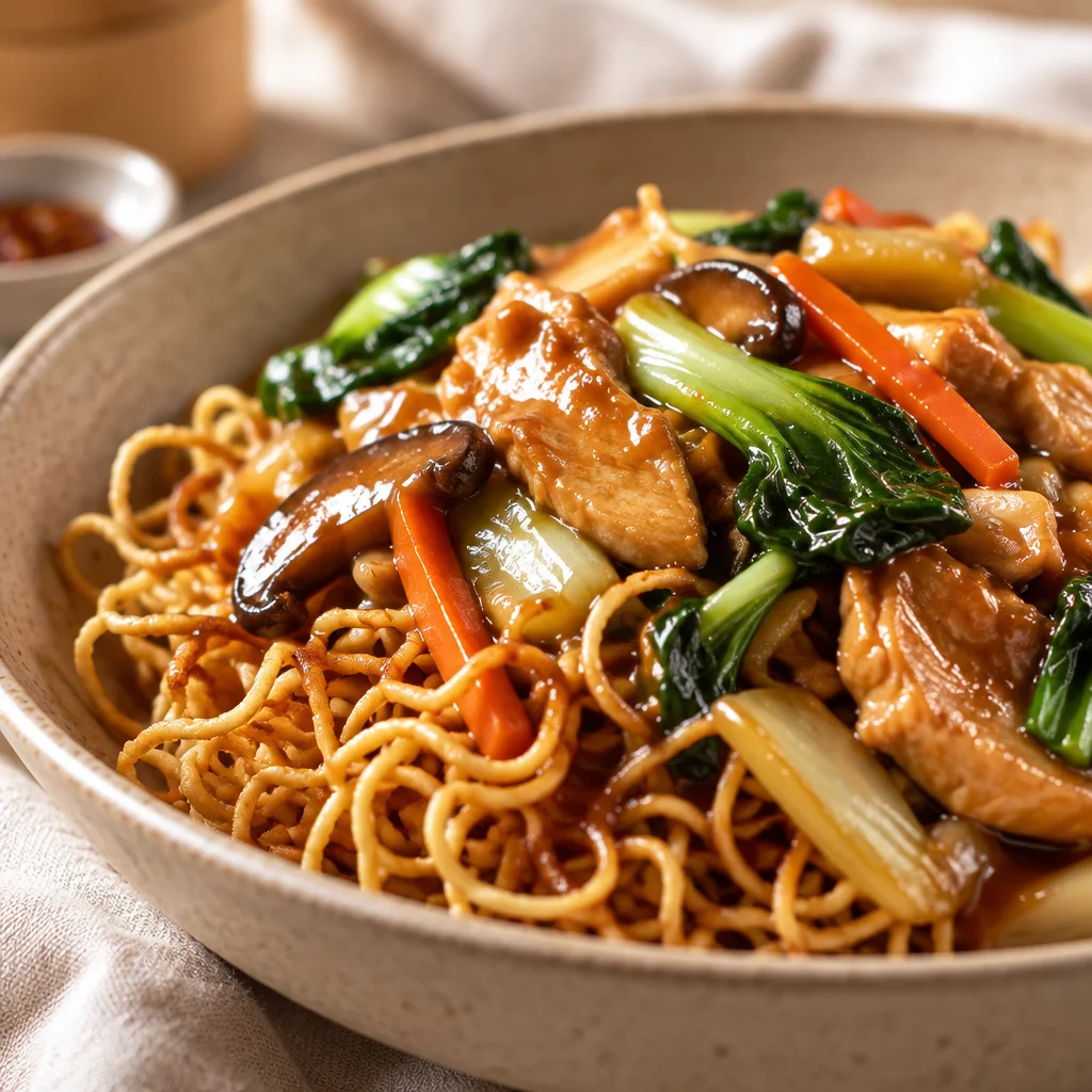 Crispy Cantonese chow mein with vegetables and soy sauce in a serving dish.