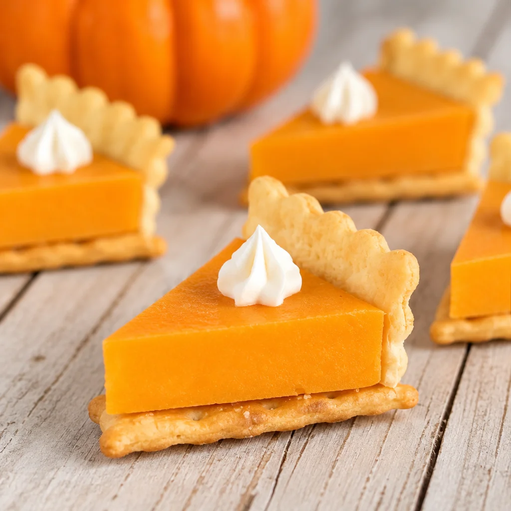Cheese and cracker pumpkin pie appetizers for Thanksgiving celebration.