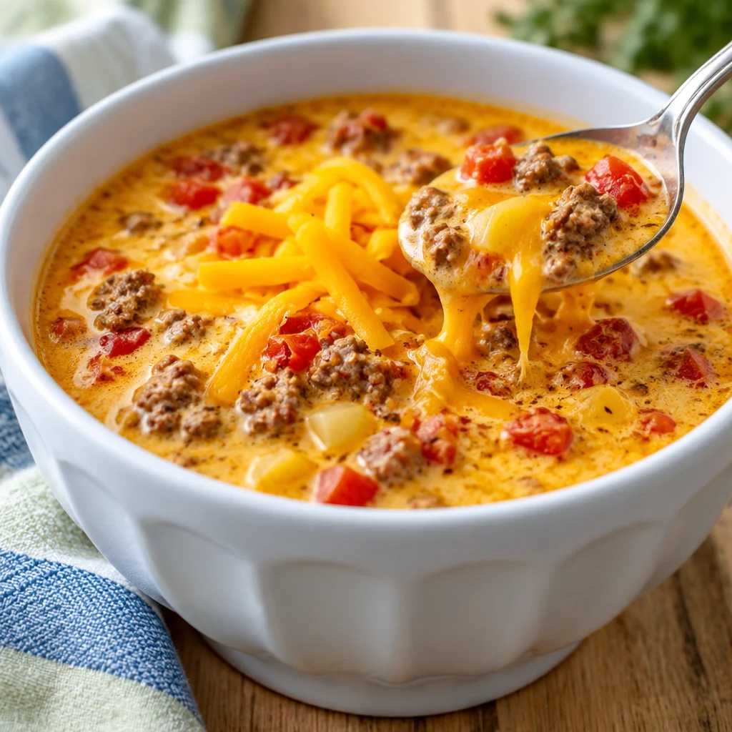 Bowl of cheeseburger soup brimming with beef, cheese, and veggies.