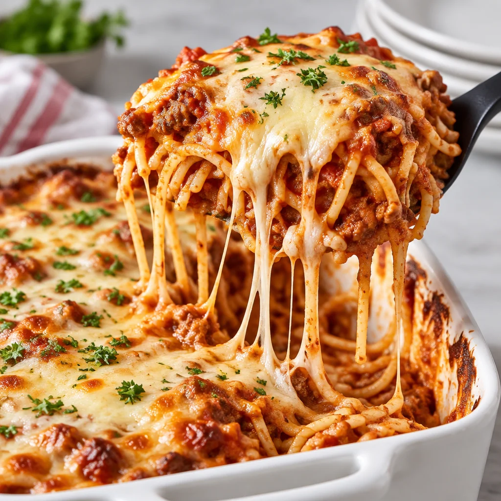 Baked spaghetti with tomato sauce and melted cheese in a casserole dish