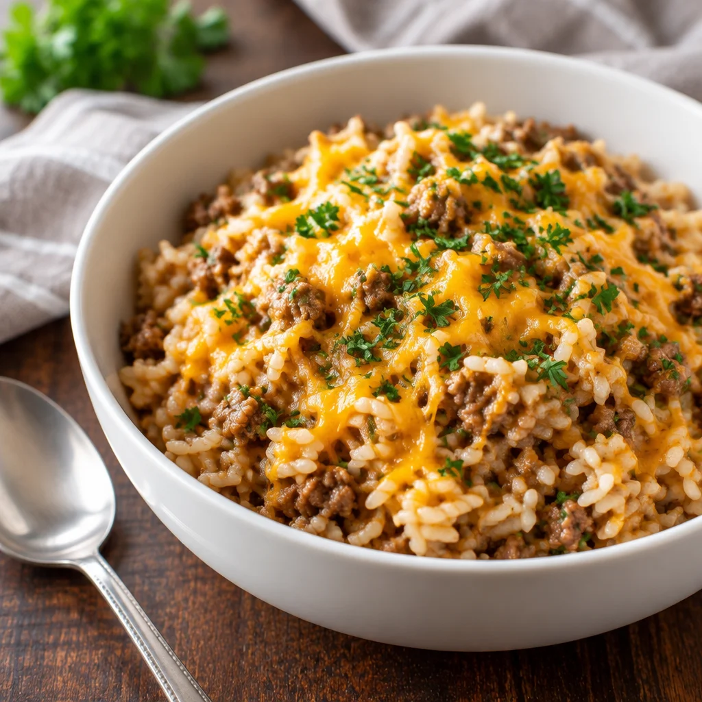 Cheesy ground beef and rice casserole with melted cheese and seasoned beef served in a bowl.