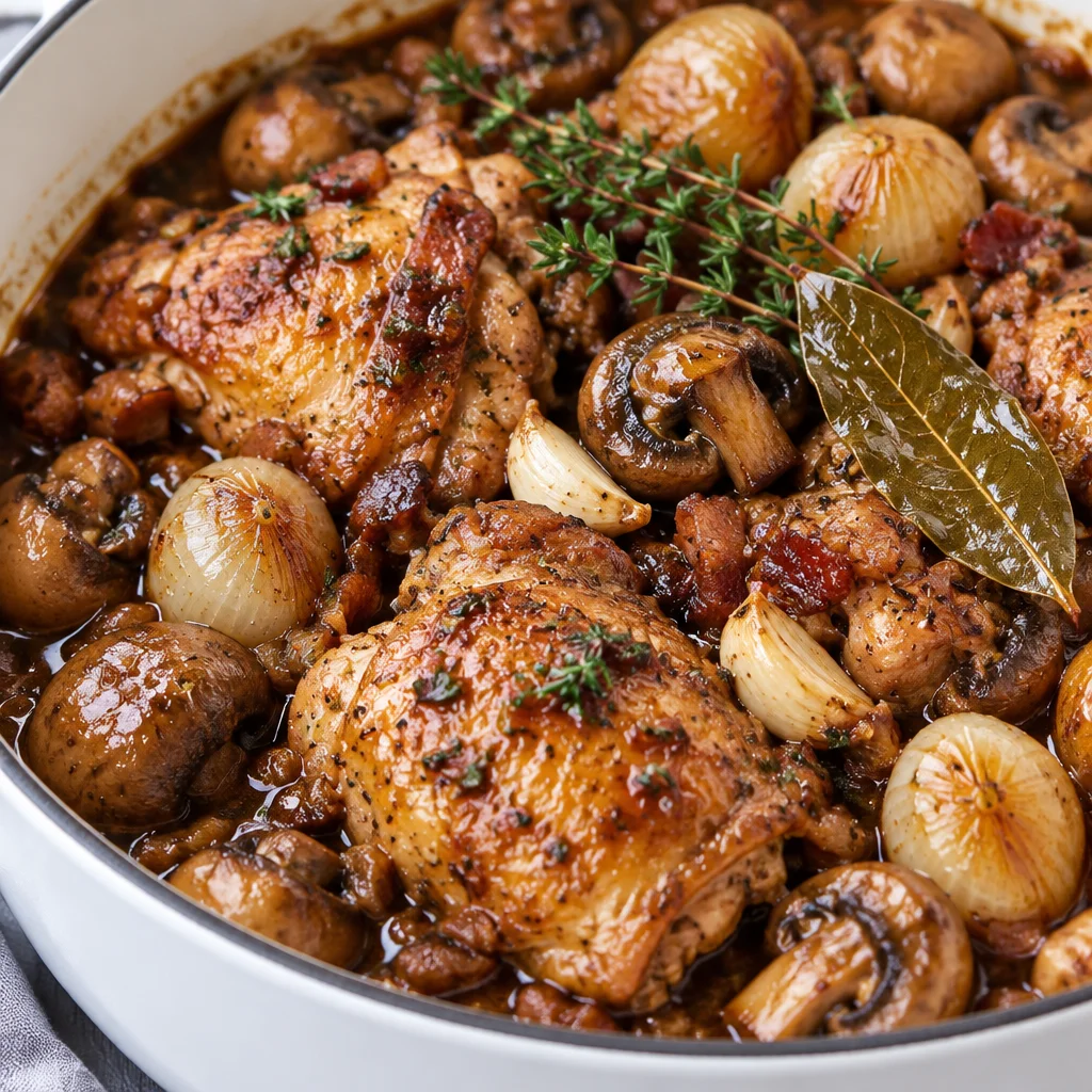 A delicious bowl of Chicken Bourguignon featuring tender chicken, bacon, and mushrooms in rich sauce.