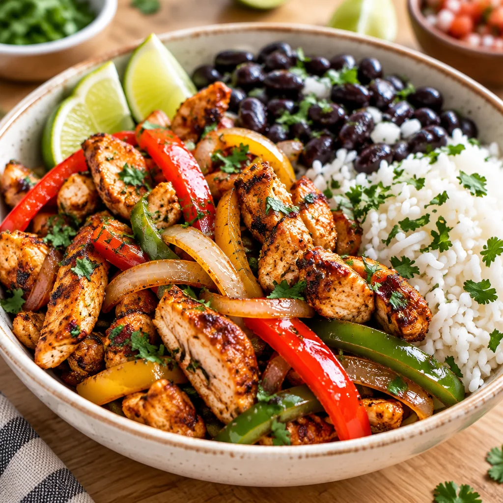 Chicken Fajita Bowl with rice, black beans, peppers, onions, and avocado topping.