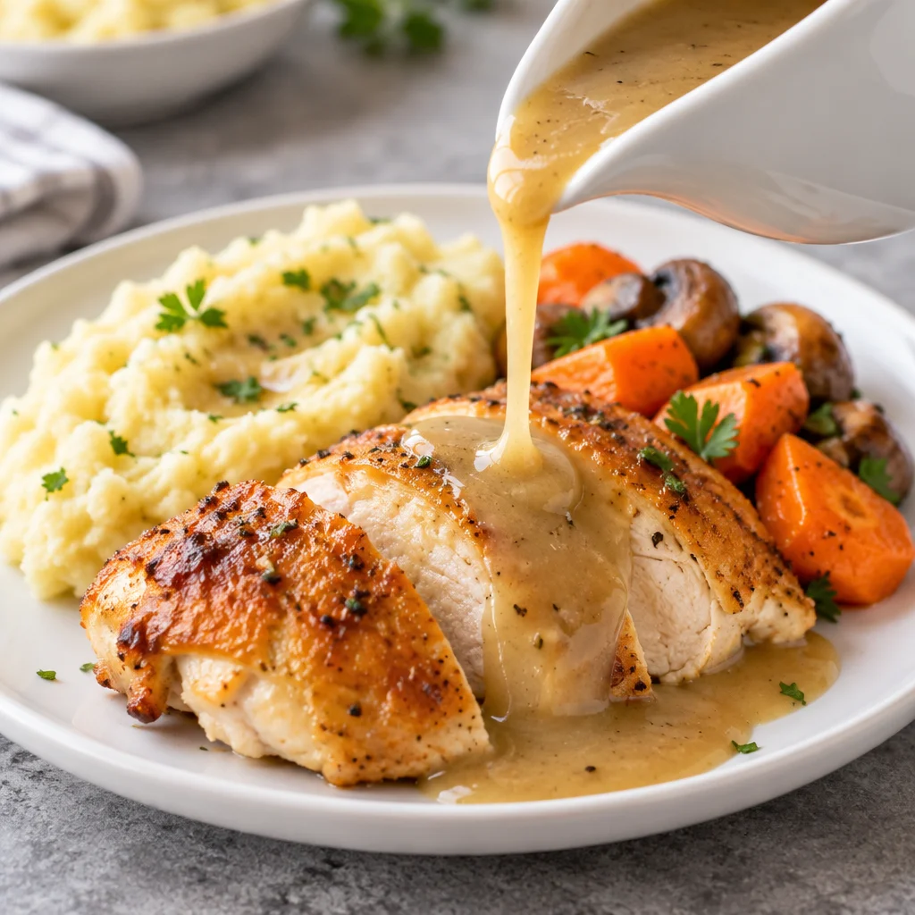 Delicious homemade chicken gravy served over roasted chicken