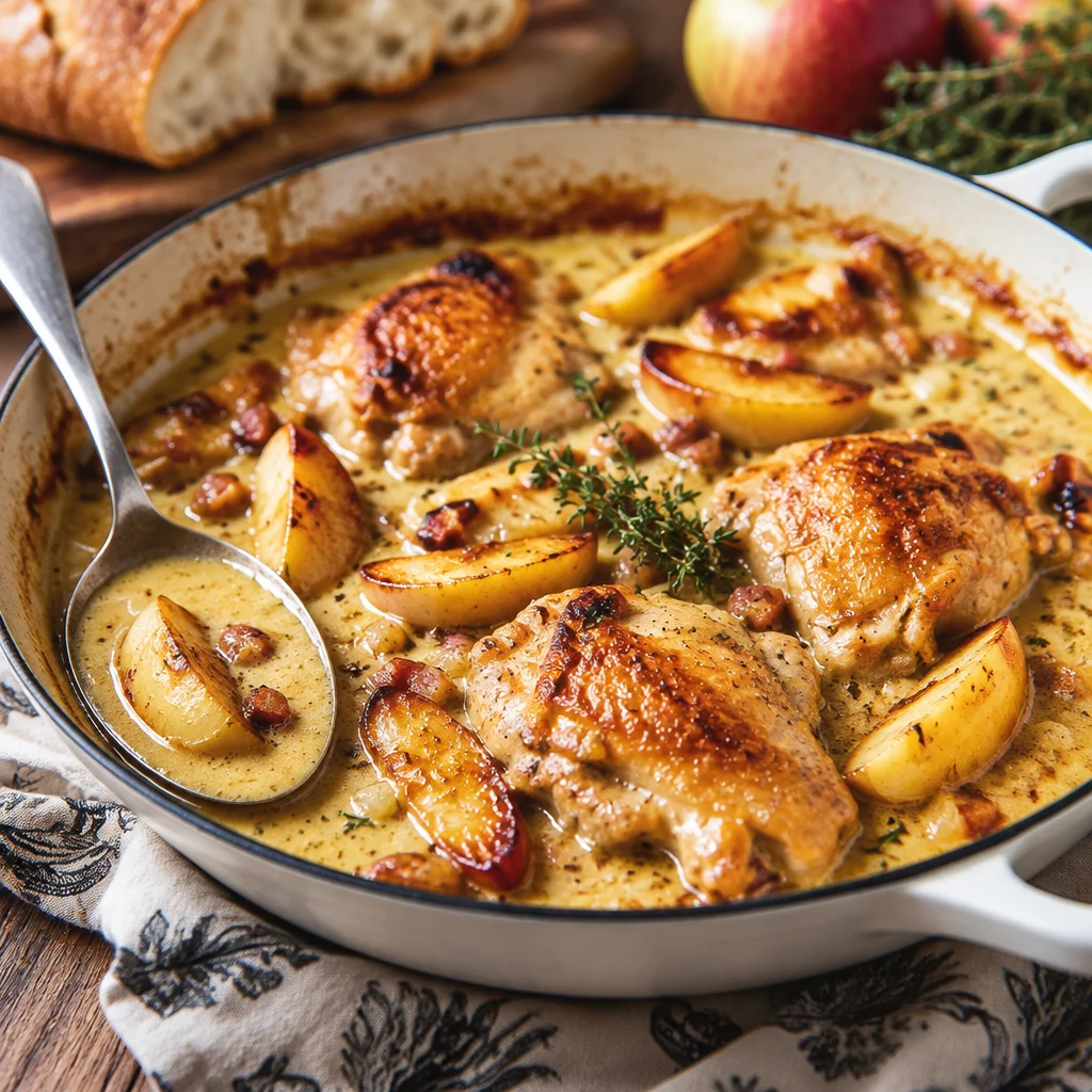 Chicken Normandy braised with apple cider, brandy, onions, and cream in a cozy casserole.