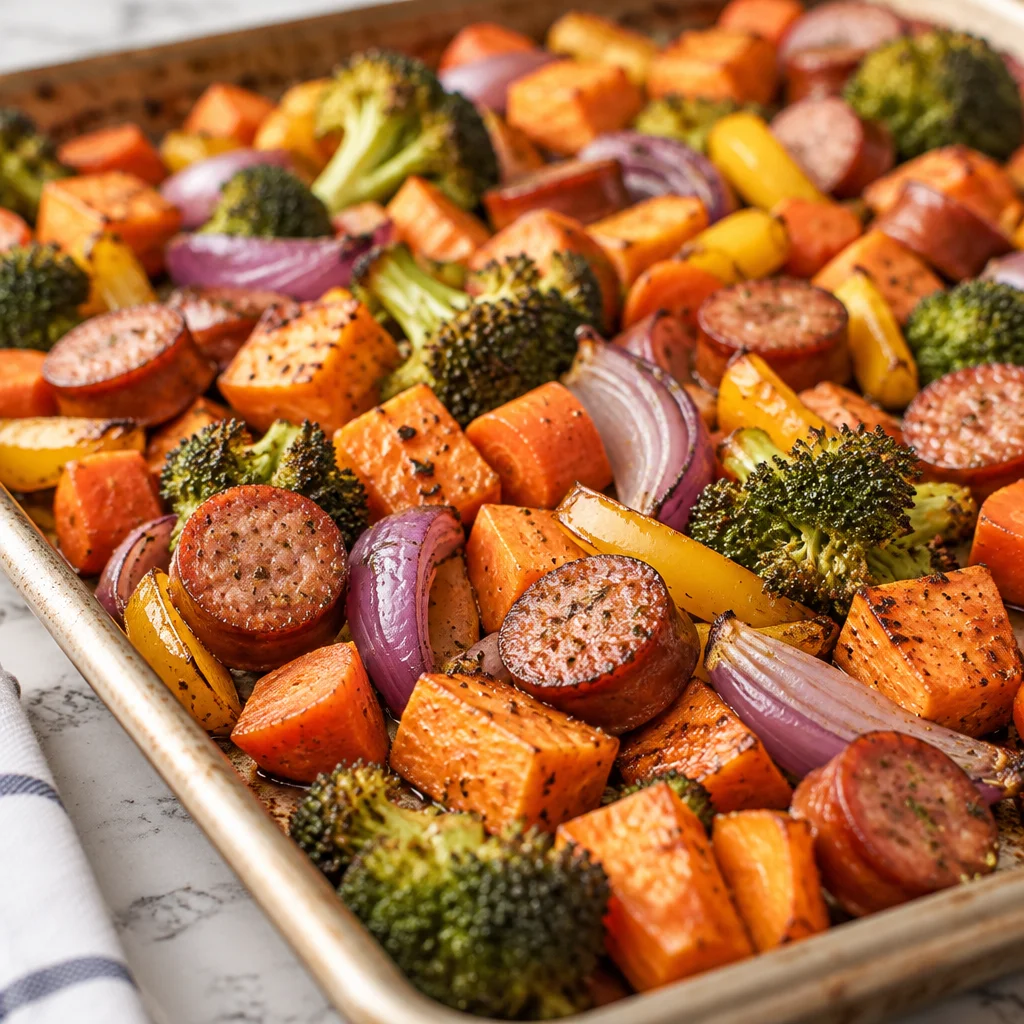 Chicken Sausage Sweet Potato and Apple Sheet Pan Dinner with vibrant vegetables.