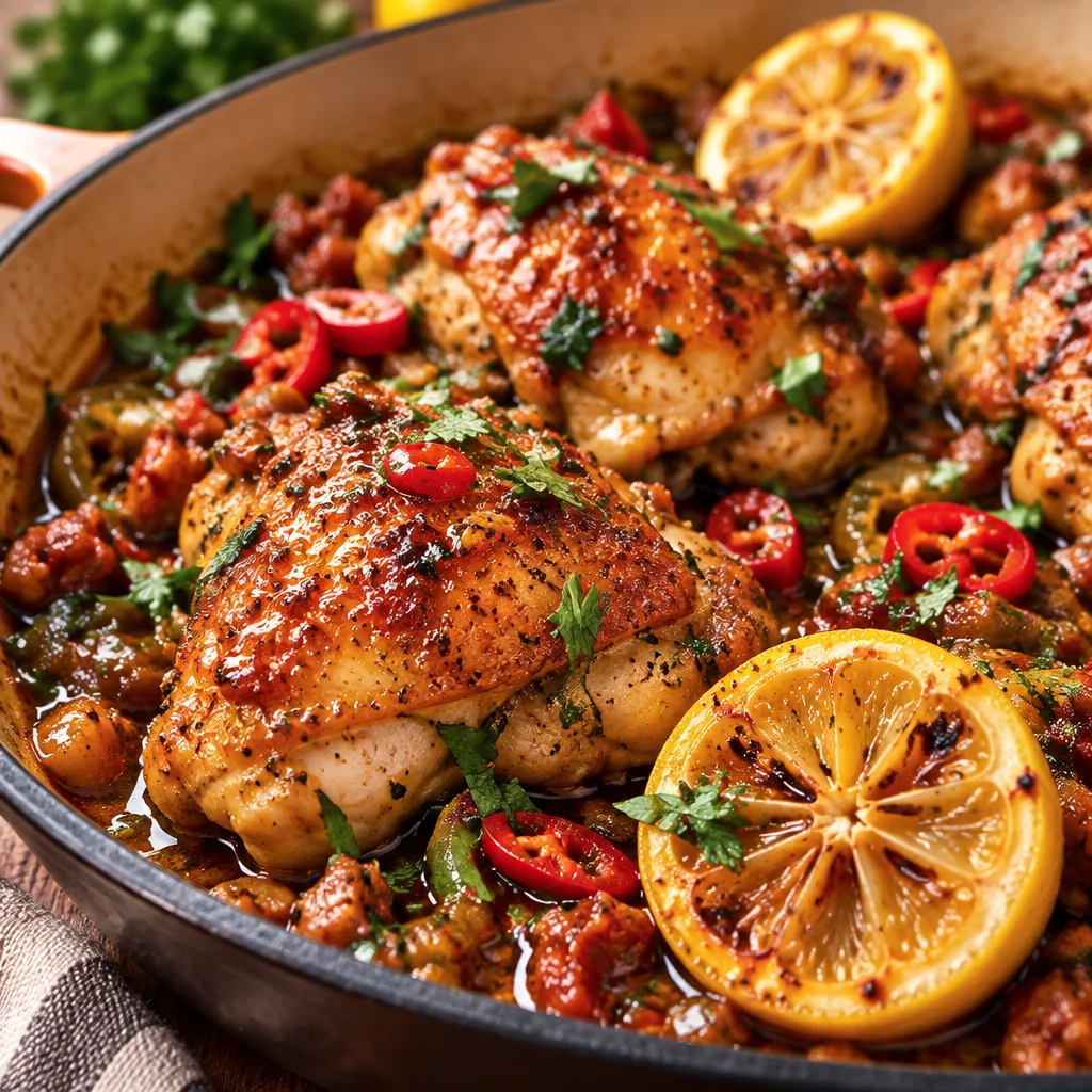 Delicious Chicken Scarpariello with sausage and peppers in a savory sweet-and-sour sauce.