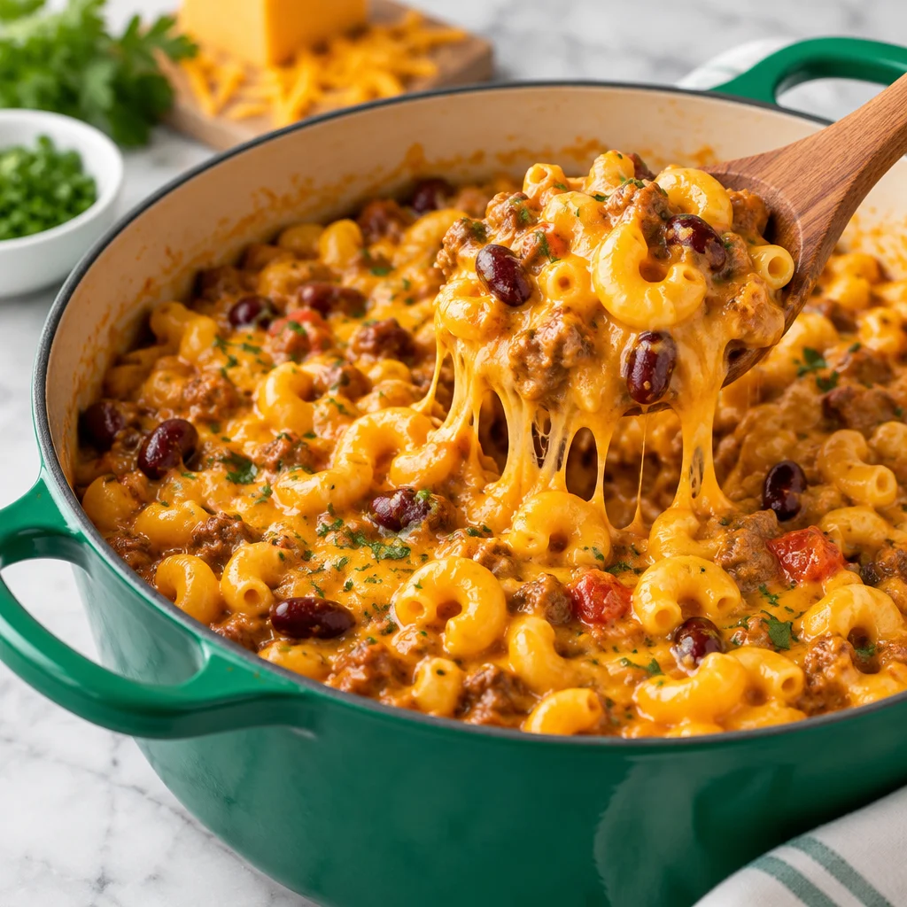 Delicious bowl of Chili Mac with cheesy macaroni and beef chili.