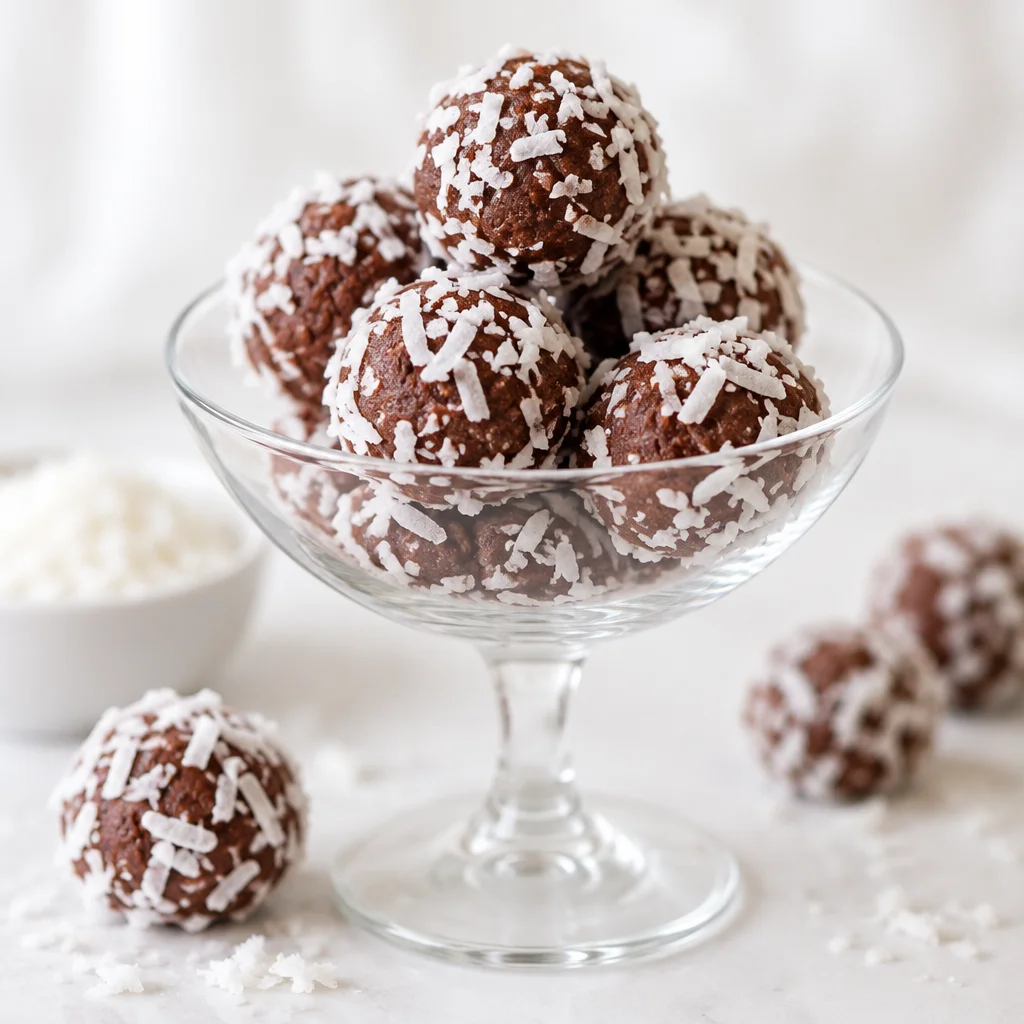 Delicious no-bake chocolate coconut balls covered in chocolate and shredded coconut.